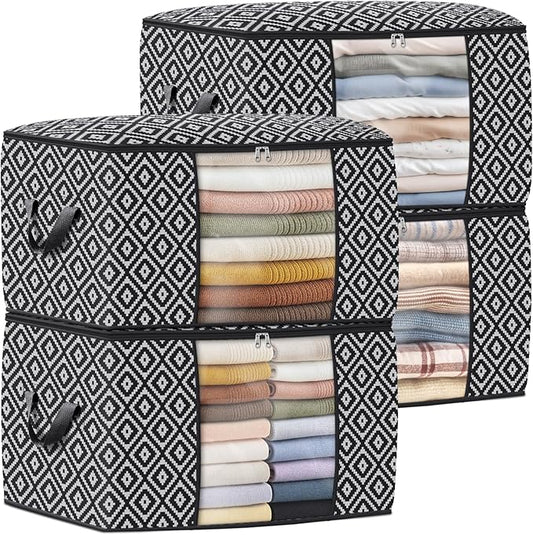 Direct 100L, 4 Pack, Storage Containers, Large Clothes Storage Bins Foldable Organization and Storage Bags with Reinforced Handle, Clear Window for Bedding, Blankets, Clothing, Black-NeatNest