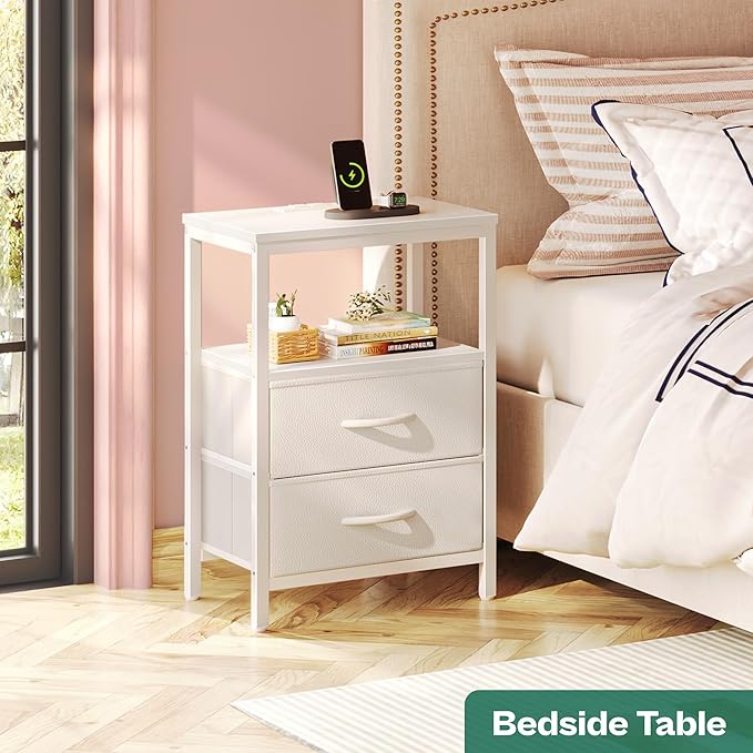Huuger Nightstands Set of 2, End Tables with Charging Station, Side Tables with Fabric Drawers, Bedside Tables with USB Ports and Outlets, Night Stands for Bedroom, White