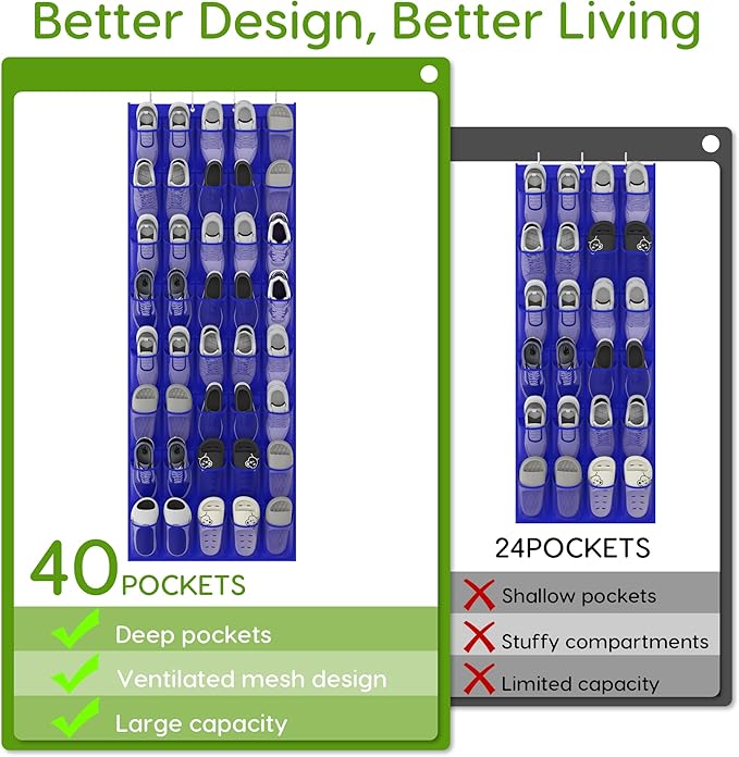 Unjumbly Over the Door Shoe Organizer with 40 Large Breathable Mesh Pockets, Space Saving Shoe Holder, Hanging Shoe Rack for Entryway Bedroom Closet Storage (Navy Blue, 40 Pockets)-NeatNest