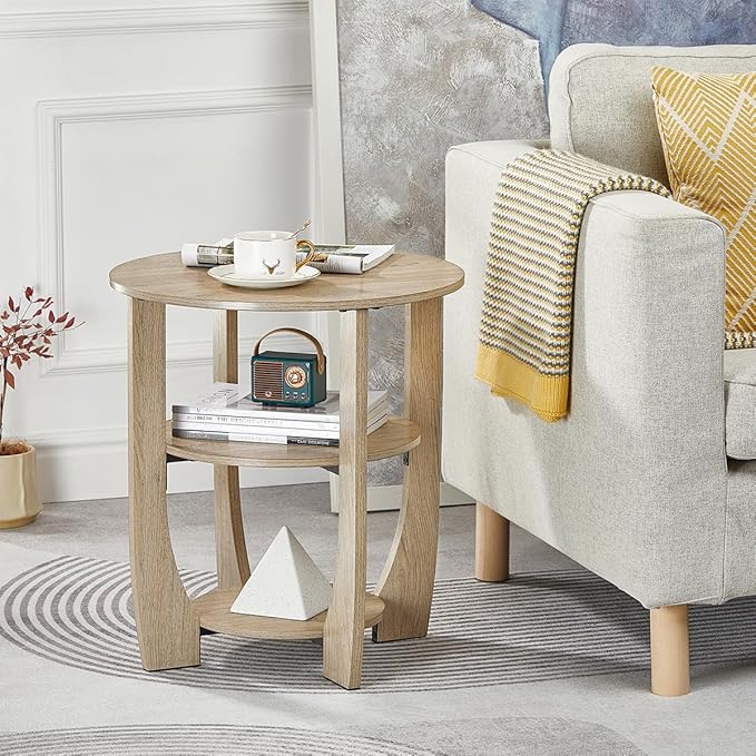 Round End Table with Storage Shelf,3 Tier Modern Side Table, Sofa Recliner Side Table,Accent Coffee Table,Nightstand for Living Room Bedroom for Small Spaces,19.7" D x 21.7" H