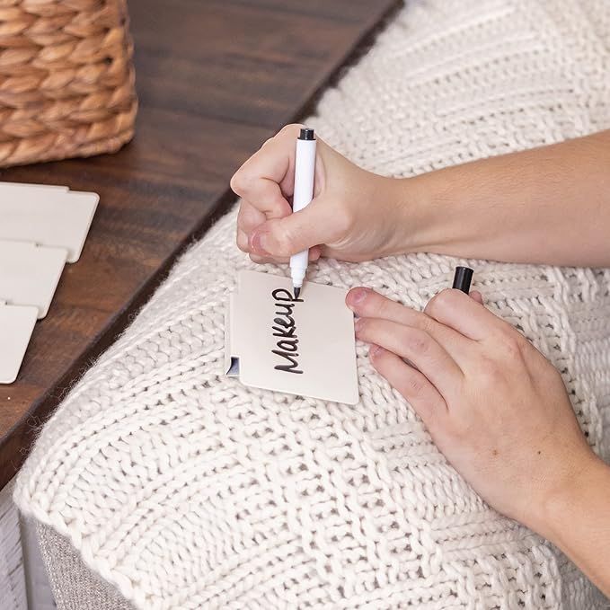 Hygge & Sage: Metal Non-Slip Basket Labels Clip On for Storage Bins, or Wire Racks | Includes 8 Labels, 8 Non-Slip Pads, and 1 Free Marker (Cream)