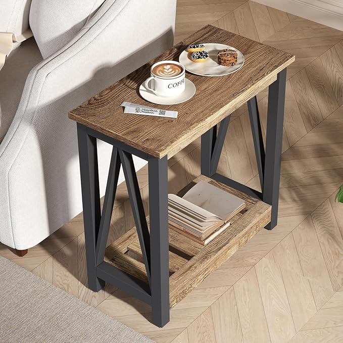 ChooChoo Farmhouse End Table, Narrow Side Table, Slim End Table with Storage Shelf for Small Spaces for Living Room, Bedroom Rustic Oak & Black-NeatNest