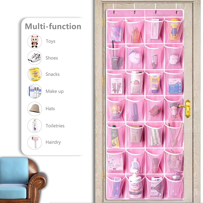 KEEPJOY 28 Pocket Over The Door Shoe Organizer, 2Pack Hanging Shoe Organizer for Door, Hanging Door Shoe Holder Rack with Mesh Pockets Large Size 65 x 23 inch (Pink-2Pack)-NeatNest