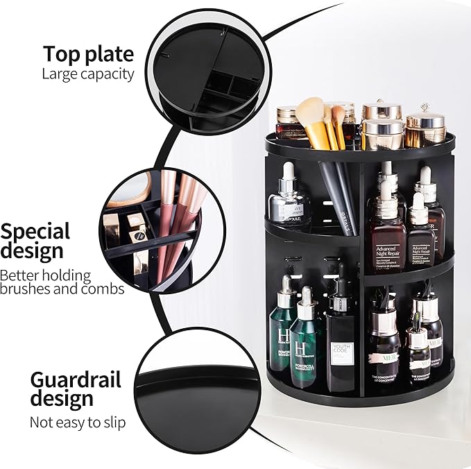 360 Rotating Makeup Organizer,DIY Adjustable Spinning Holder,Foldable Cosmetic Storage Display box,Large Capacity Make up Caddy Shelf,Fits Countertop Vanity and Bathroom (BLACK)-NeatNest