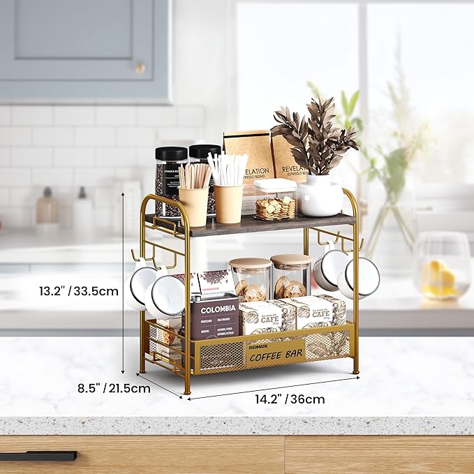 Coffee Bar Organizer for Countertop Station, Simple Assembly 2 Tier Shelf for Home,Office, Coffee Cup Holder Storage Organization for Counter Accessory Storage Rack with 4 Hooks Space-Saving-NeatNest