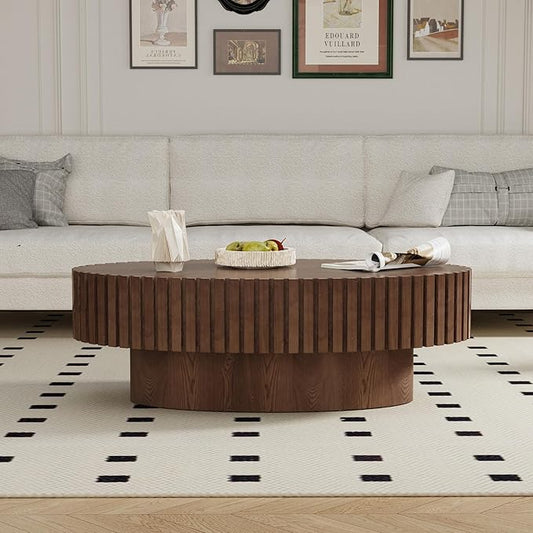 Handmade Oval Grooved Drum-Shaped Coffee Table、Rustic Modern Circular Centerpiece for Living Room & Farmhouse Decor、Easy to Clean (C Walnut 43in)