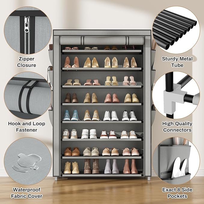 Shoe Rack with Cover, 8 Tier Tall Shoe Organizer Storage for 36-45 Pair Shoes and Boots Large Shoe Storage Shelf Free Standing Shoe Rack for Closet, Front Door Entrance, Dorm, Garage, Grey-NeatNest