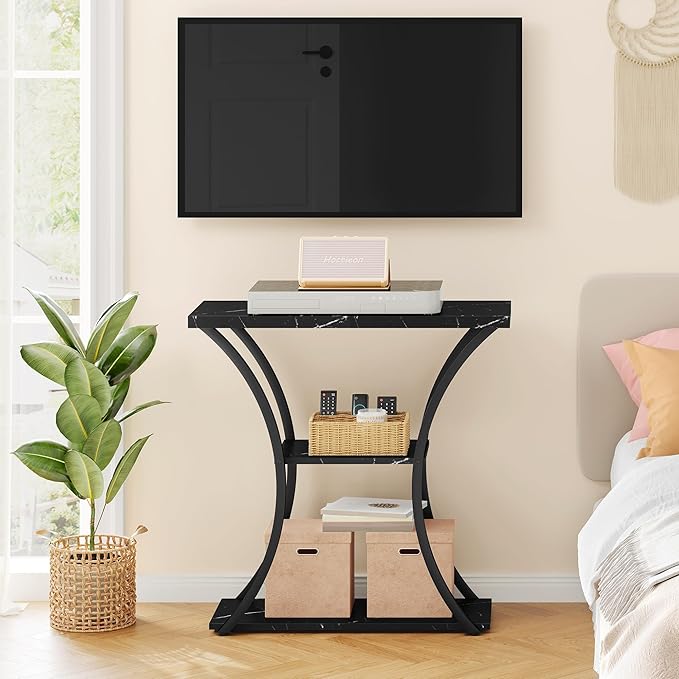 Hoctieon 3 Tier Console Table with Open Wood Shelves, Decorative Entryway Table with Curved Metal Frames, Narrow Sofa Table for Entrance, Living Room, Hallway, Black Marbled-NeatNest