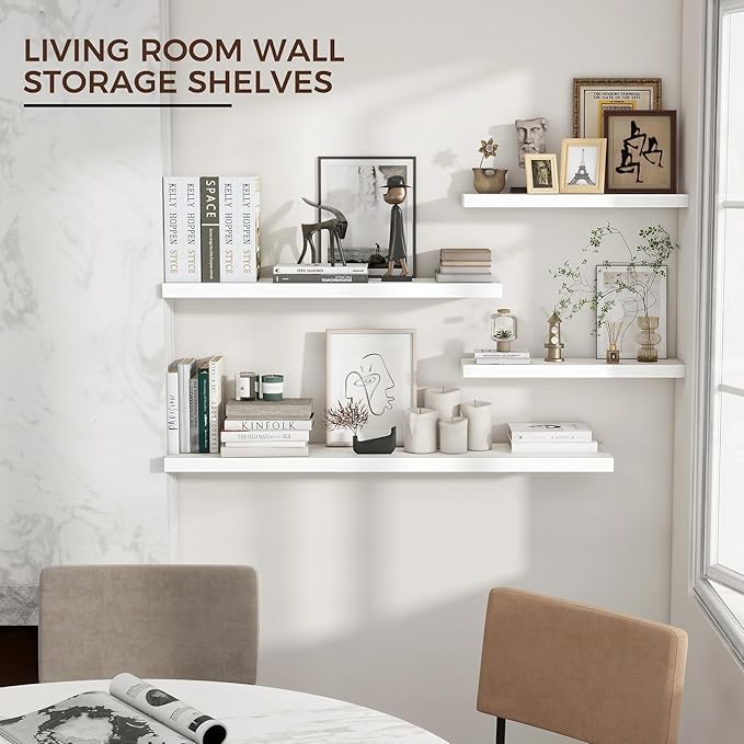 Floating Shelves for Wall, 48"W x 9"D x 1.5"H, 1 Pack of Long Wall Mounted Engineered Wood Shelves with Invisible Brackets for Living Room, Bedroom, Bathroom, Kitchen Decor and Storage, White-NeatNest