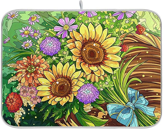 Absorbent Dish Drying Mat for Kitchen Counter - Sunflowers Microfiber Drying Pad, Reversible Drainer Mats for Countertop, Small 16" x 18"