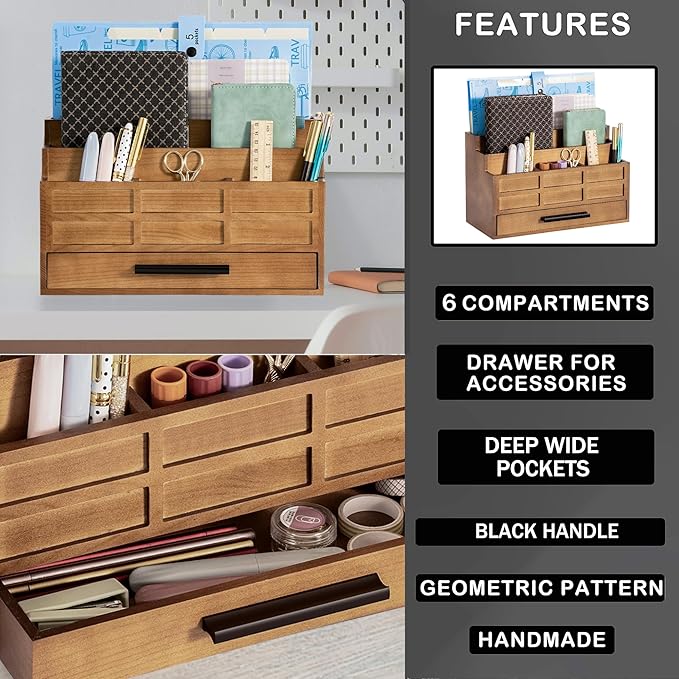 Brown Wood Desk Organizer and Accessories with Drawer, Bill Mail Organizer and File Mail Holder for Office Supplies, Rustic Desk Accessories & Workspace Organizers-NeatNest