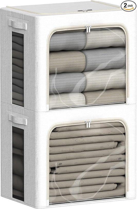 2 Pack Clear Window Storage Bins Large Stackable Linen Fabric Storage for Clothes Foldable Container Organizer Set with Carrying Handles (Lvory White, 23.6x 16.5x 15.7 Inch)-NeatNest