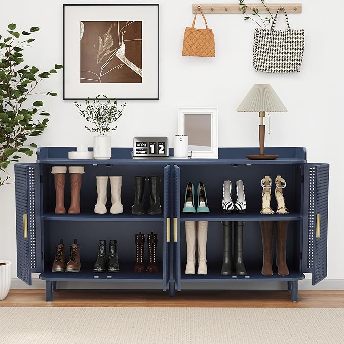 4 Doors Storage Cabinet, 2 Tier Wooden Storage Organizer Cabinet with Adjustable Shelf, Sideboard Buffet Cabinets with Iron Curved Doors Accent Shoe Rack for Entryway Hallway Living Room (Blue)-NeatNest