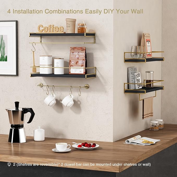 Forbena 2-Pack Black and Gold Contemporary Floating Shelves for Wall, Bathroom, Kitchen, Home Decor (Black and Gold)-NeatNest
