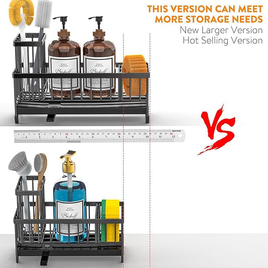 Cisily Extra Large Black Sponge Holder for Kitchen Sink, Sink Caddy Organizer with High Brush Holder, Kitchen Countertop Organizers and Storage Essentials, Rustproof 304 Stainless Steel-NeatNest