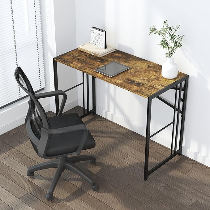 35 inch Small Folding Computer Desk, Writing Gaming Computer Desk for Small Spaces, No Assembly Required Home Office Tale, Rustic Brown-NeatNest