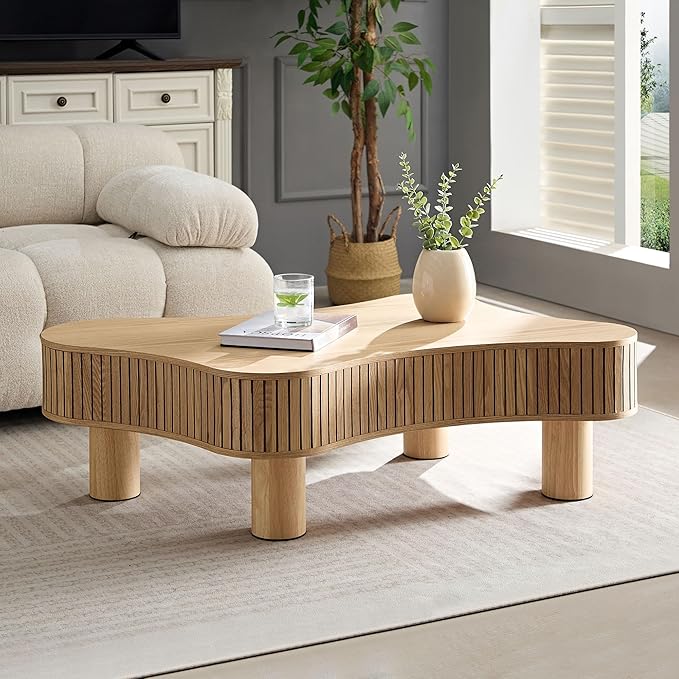 Kevinplus 42.52'' Modern Wood Coffee Table for Living Room, Contemporary Irregular Drum Curved Handcraft Coffee Table with Strong Legs, Easy Assembly, Oak