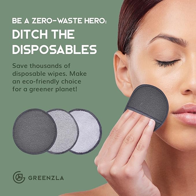 Greenzla Reusable Makeup Remover Pads Premium Set, 12 Pack Microfiber Cotton Pads, Charcoal Cotton Rounds, Bamboo Terry Face Wipes for All Skin Types with Mesh Laundry Bag and Bamboo Storage-NeatNest