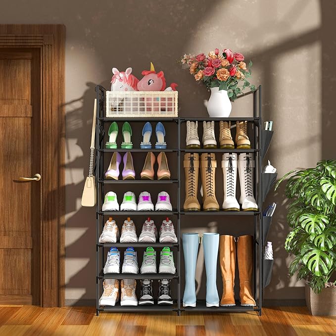 Kottwca 7 Tiers Shoe Rack Metal Shoe Organizer for Entryway Closet, 24-28 Pairs Stackable Shoe and Boots Shelf Storage Cabinet with Hooks and Side Hanging Pockets for Bedroom, Garage, Black-NeatNest
