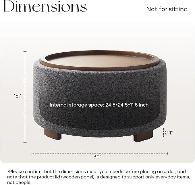 30 Inch Round Storage Ottoman Coffee Table, Modern Boucle Ottoman with Lift-Off Lid and Solid Wood Legs for Living Room, Bedroom, Corners, Apartments (Grey)
