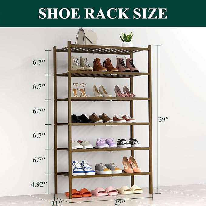 Smiry Shoe Rack, 6 Tier Thick Bamboo Shoe Organizer, Stackable Free Standing Wooden Shoe Storage Shelf for Closet, Entryway, Front Door Entrance, Walnut-NeatNest