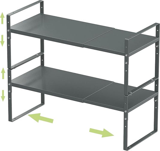 Expandable Stackable Spice Rack Cabinet Shelf Organizer in Cabinets Shelves Kitchen Cupboard Organization Stack up Racks Pantry Countertop Storage (Gray, Large 2 Packs)