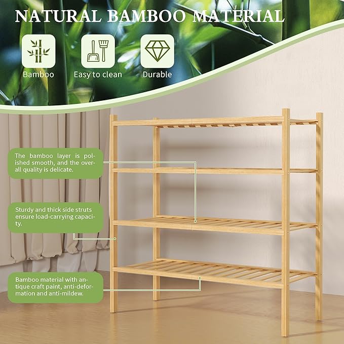 4 Tier Bamboo Shoe Rack for Closet Free Standing Wood Shoe Shelf for Entryway Small Space Stackable 27"x11"x26" (Natural)-NeatNest