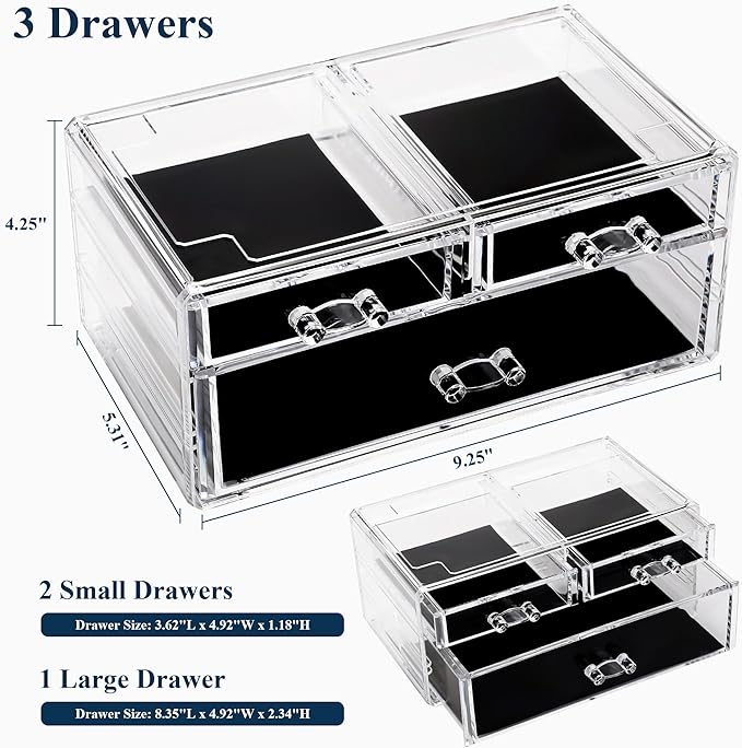 Sea Team Clear Makeup Organizer with Drawers, Acrylic Plastic Cosmetic Display Case, Jewelry Storage Box, Holder for Dresser, Bathroom, Vanity, Countertop (1 Large, 2 Small Drawers)-NeatNest