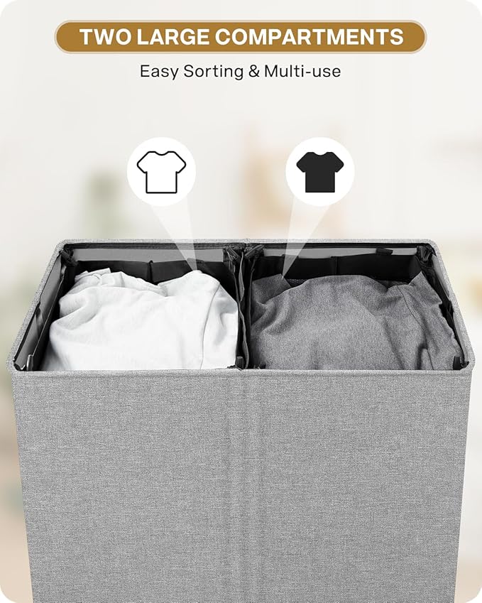 SOLEDI Double Laundry Hamper with Lid, 130L Clothes Hamper 2 Section, Laundry Basket with Removable bag, Bed room decor aesthetic, laundry room organization, Home and dorm room essentials-NeatNest