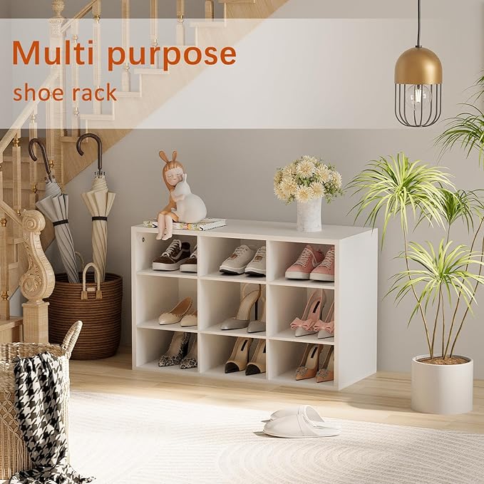 Garden 4 you Shoe Storage Bench, Cubby Shoe Rack with 9 Cubbies, 3-Tier Wood Shoe Rack Organizer, Shoe Organizer Cabinet for Entryway, Hallway, Closet and Garage, White-NeatNest