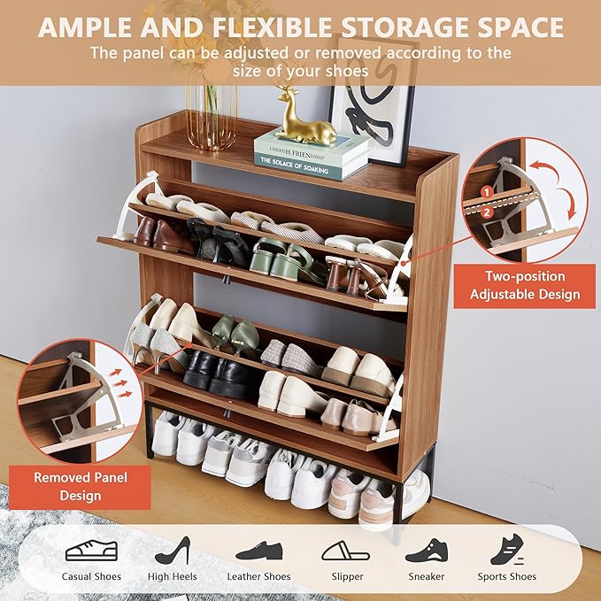 LEVNARY Shoe Cabinet Set of 2, Wooden Narrow Shoe Racks Cabinet Storage with 2 Flip Drawers, Hidden Freestanding Shoe Organizer for Hallway, Entryway, Home (2, Walnut)-NeatNest
