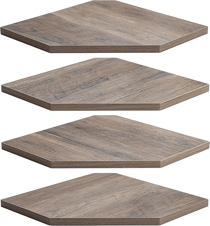 Corner Shelf Wall Mount, Corner Floating Shelves, Set of 4 Corner Wall Shelf Organizer, Rustic Wood Wall Storage Display Shelves for Living Room Bedroom Bathroom Kitchen, Rustic Grey-NeatNest