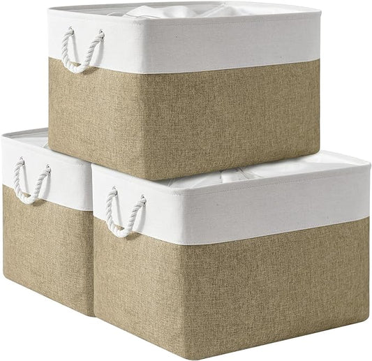 TheWarmHome Organization Basket - 20x16x14 inch Jumbo 3 Pack Collapsible Storage Bins for Shelves, Fabric Storage Cubes for Closet Organizer Gift Toy (White & Khaki)-NeatNest