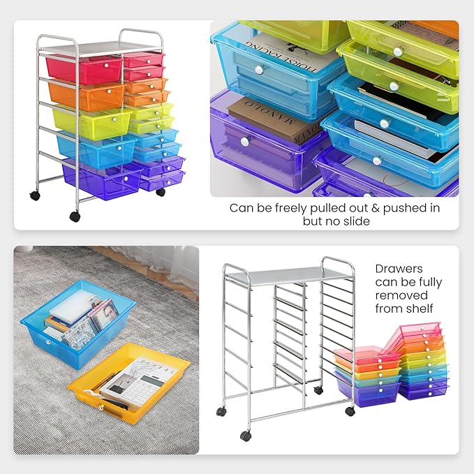 Giantex 15 Drawer Rolling Cart with Drawers, Storage Organizer Cart for Classroom Office School Teacher, Mobile Drawer Cart for Tools, Crafts, Small Printer, Paper (Clear Red+Orange+Green+Blue+Purple)