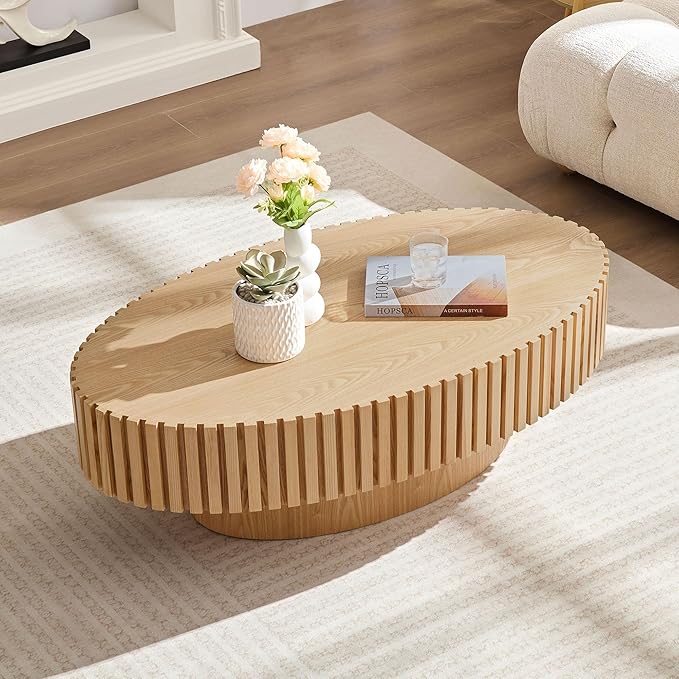 Coffee Table, 43.7 Inch Modern Handcraft Solid Wood Drum Oval Coffee Table for Living Room, Small Space, Office, Easy Assembly (Oak)-NeatNest