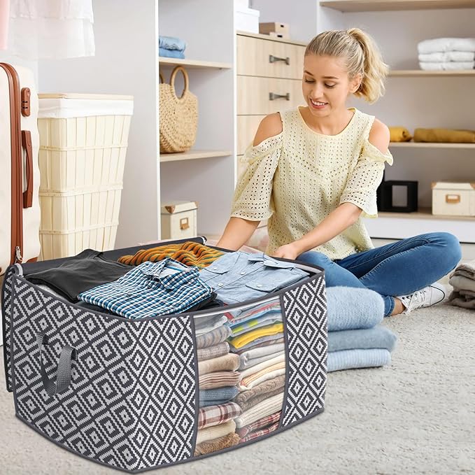 Direct 100L, 4 Pack, Storage Containers, Large Clothes Storage Bins Foldable Organization and Storage Bags with Reinforced Handle, Clear Window for Bedding, Blankets, Clothing, Grey-NeatNest