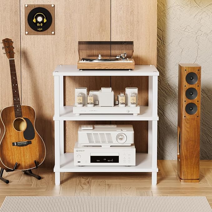 3-Tier AV Media Player Stand, white Stereo Cabinet, Modern Stereo Cabine,Game Console Shelf,Wooden TV Stand,Multifunctional Entertainment Center, Suitable for Home, Conference Room, Game Studio-NeatNest