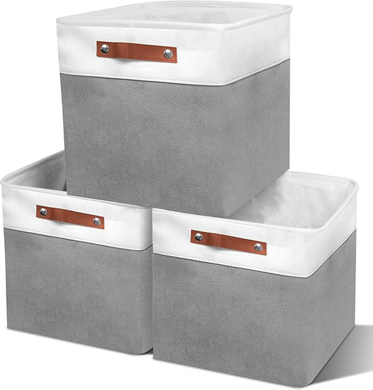 13in Open Fabric Storage Basket with Leather Handles for Organizing, Collapsible Linen Closet Bins for Shelves, Closets, Laundry, Decorative Basket for Gifts. (White＆Gray, 3PCS/13x13in)-NeatNest