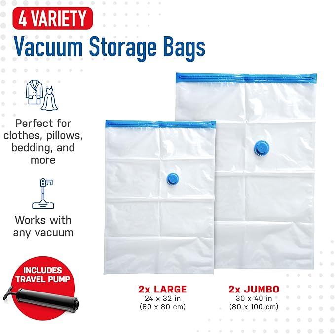 4 Pack Variety Vacuum Storage Bags for Comforters, Blankets & Clothes – Vacuum Sealed Compression Bags with Hand Pump – Space Saver Storage Bags for Bedding, Moving, Travel & Organization (2L & 2XL)-NeatNest