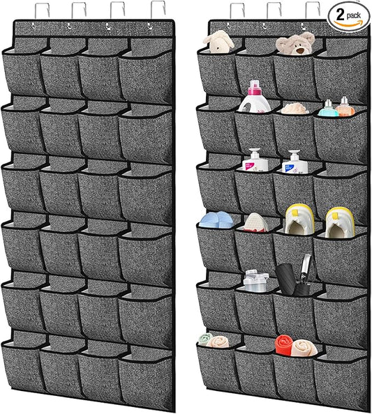 Over the Door Shoe Organizer,Hanging Shoe Rack Organizer for Closet Door,48 Pockets Shoe Storage Holder Zapateras Organizer for Kids Shoes,Flip Flops,Underwear,Socks,Cruise Essentials,Black,Set of 2-NeatNest