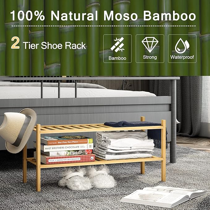 2-Tier Bamboo Shoe Rack for Entryway, Stackable | Heavy Duty | Multi-Function, Free Standing Shoe Racks for Bedroom Hallway Closet-NeatNest