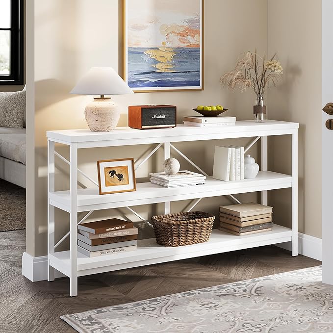 karlott 3-Tier Console Table, 55.1" Entryway Table with Metal Frame and Open Shelves, Modern Behind Couch Sofa Table for Living Room, Hallway, Foyer, Entrance, Industrial, Bookshelf, White-NeatNest