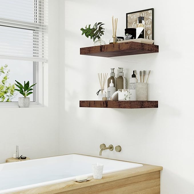 Heimlove Bathroom 12'' Deep Floating Shelves for Wall - Shelf Over Toilet Wall Mounted Farmhouse 24 inches,Wood Floating Shelves Decor & Storage Set of 1,Rustic Brown-NeatNest