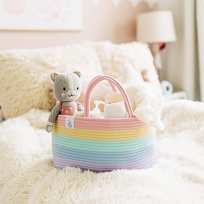 OrganiHaus Pastel Rainbow Basket | Rope Diaper Caddy Basket | Baby Diaper Caddy Organizer | Nursery Basket & Baby Baskets for Newborn Baby Diaper Organizer for Rainbow Decor | Diaper Storage Organizer