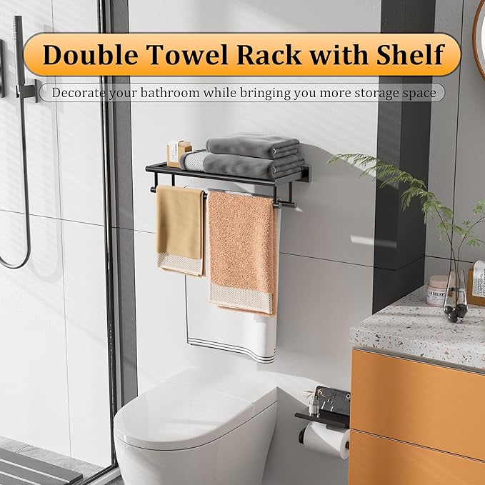 Alise Towel Rack,Large Towel Holder Towel Shelf with Double Towel Bars for Bathroom Lavatory,SUS 304 Stainless Steel Wall Mount Towel Hanger,Matte Black,20 Inch
