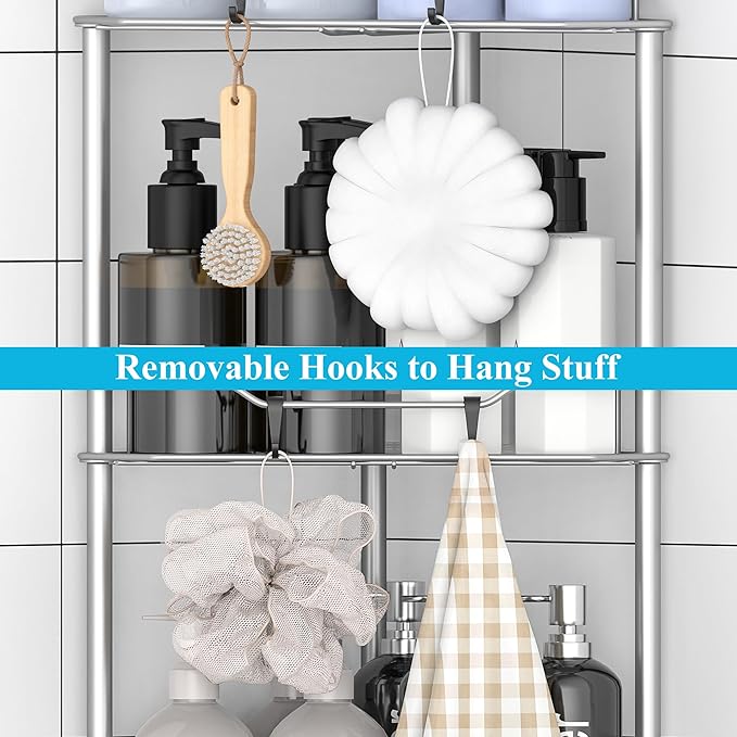 2 Tier Floor Standing Corner Shower Caddy Organizer Shelf with Hooks, Bathroom Shelves Stand Rack, Gray