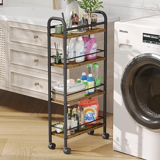 Slim Storage Cart, 4 Tier Rolling Utility Cart on Wheels, Slim Bathroom Storage for Small Spaces in Kitchen, Dining Room, Bathroom, Laundry Room Rustic Brown
