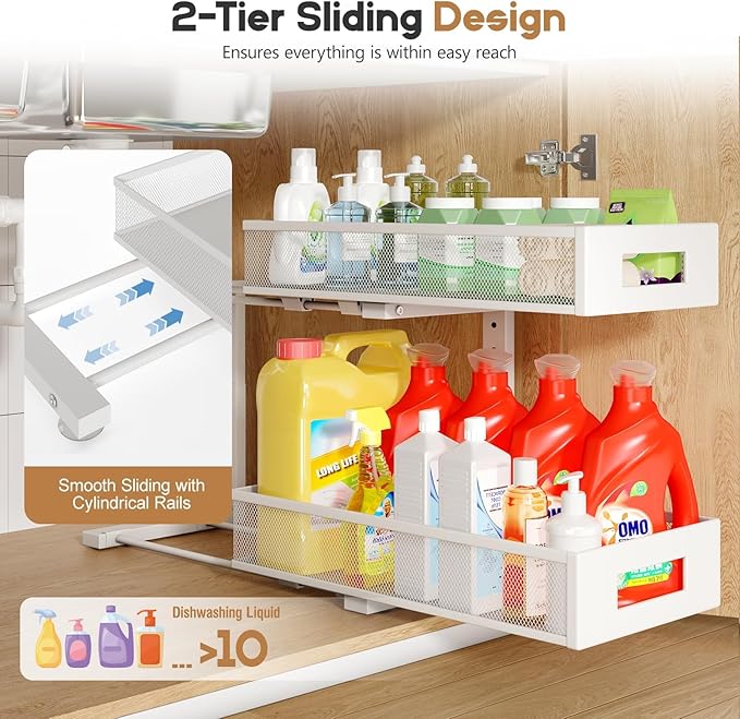 2-Pack Under Sink Organizers And Storage,Large Capacity 2-Tier Pull-Out Cabinet Organizer With Upgraded Tube Rails,Adjustable Height Sliding Drawers,Sturdy Mesh Shelves For Kitchen&Bathroom-White-NeatNest