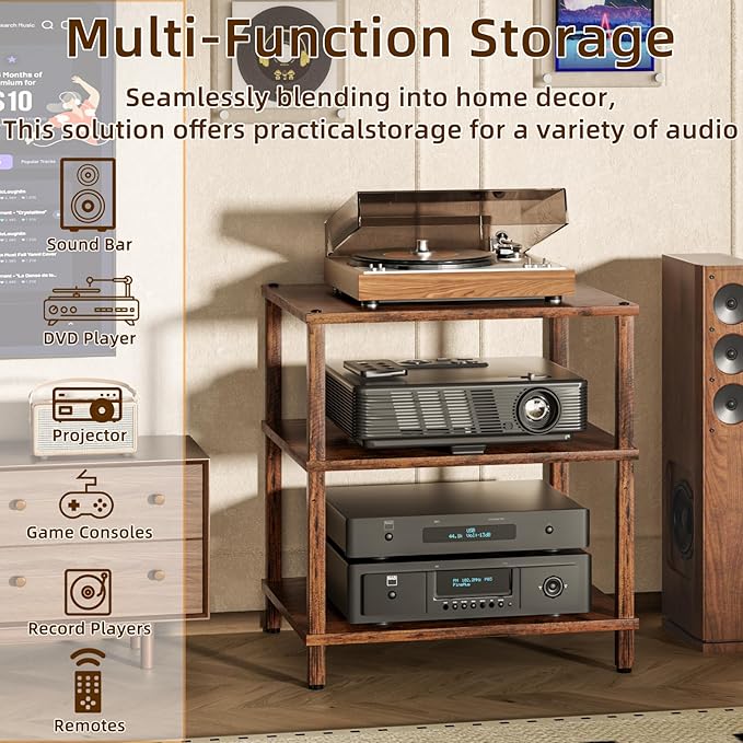 3-Tier AV Media Player Stand, brown Stereo Cabinet, Modern Stereo Cabine,Game Console Shelf,Wooden TV Stand,Multifunctional Entertainment Center, Suitable for Home, Conference Room, Game Studio-NeatNest