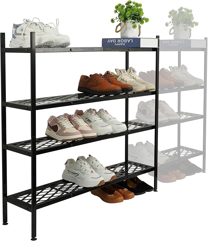 Shoe Rack, 4-Tier Long Shoe Rack, Stackable Shoe Storage Organizer Expandable Shoe Shelf Stand, Holds up to 25-30 Pairs of Shoes for Entryway, Garage, Front Door Entrance, Metal,45.6in Black-NeatNest